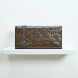 Premium Embossed Monogram Long Zip Wallet with Web Stripe